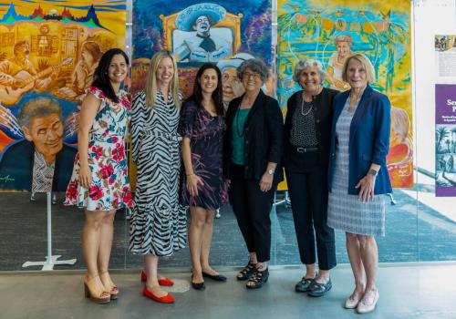 Six women in stylish professional attire stand in front of a vivid mural for a posed photo.